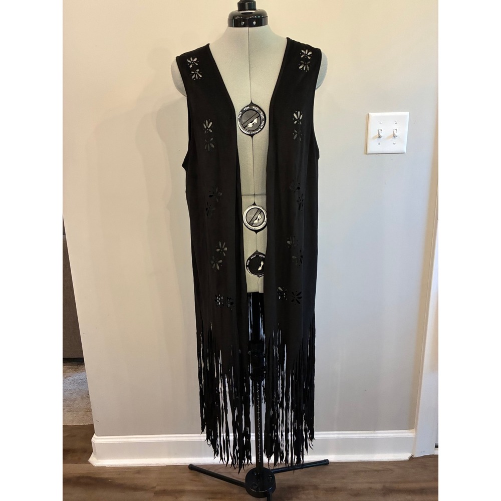 Kori America Plus Womens XL Black Laser Cut Fringe Longline Duster Vest PK6015
